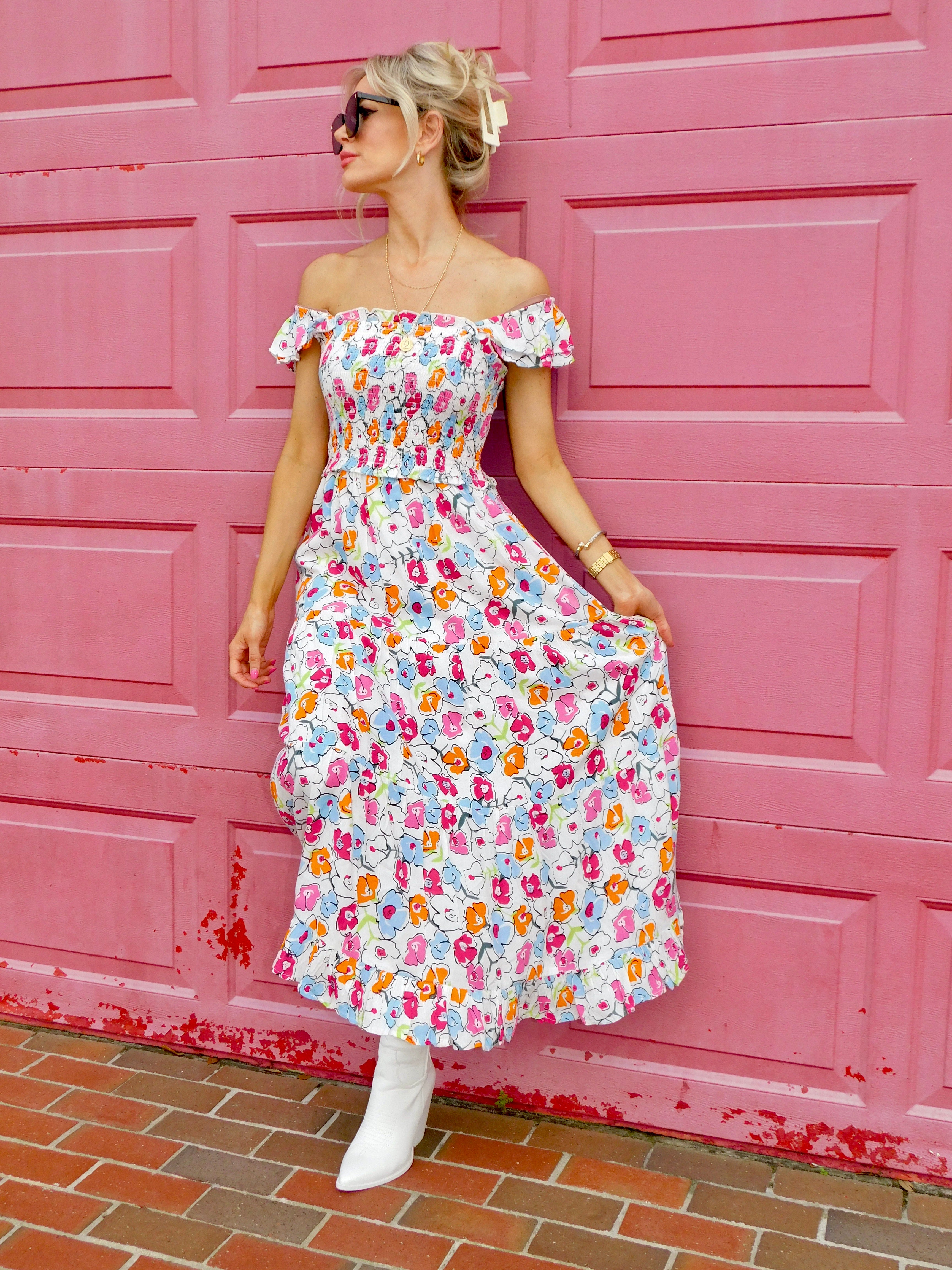 Astrid Smocked Floral Print Tiered Midi Dress