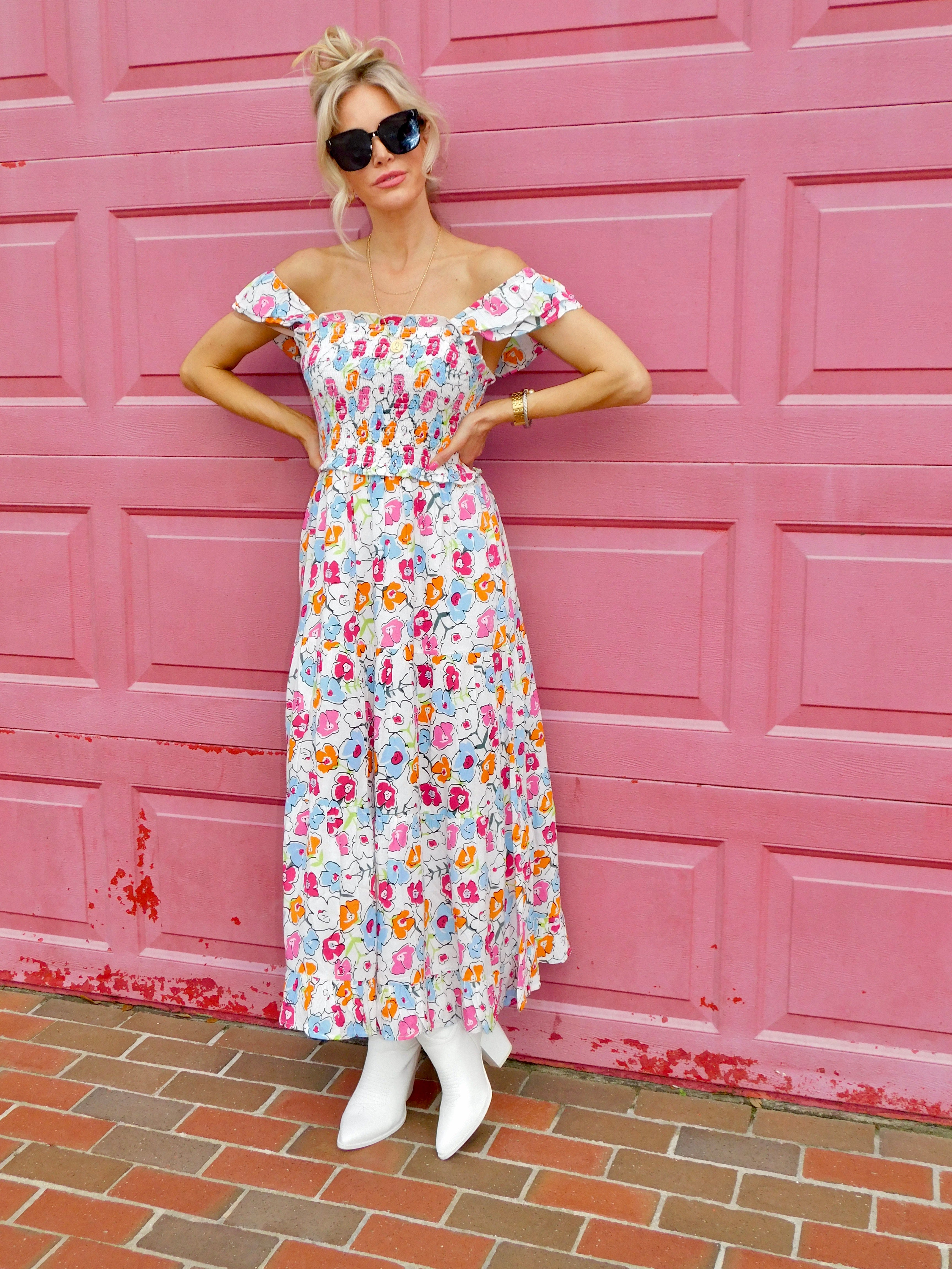 Astrid Smocked Floral Print Tiered Midi Dress