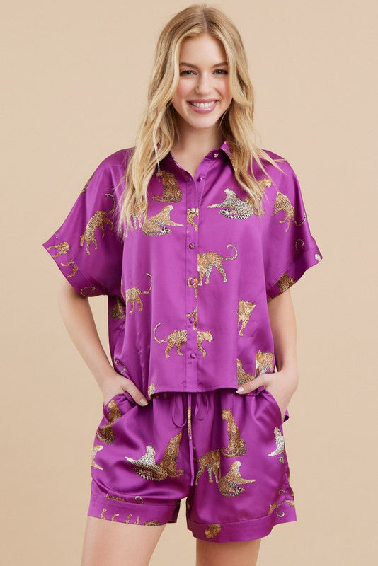 Cheetah Print Satin Lounge Set