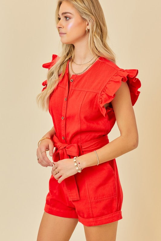 Portia Ruffle Sleeve Belted Denim Romper