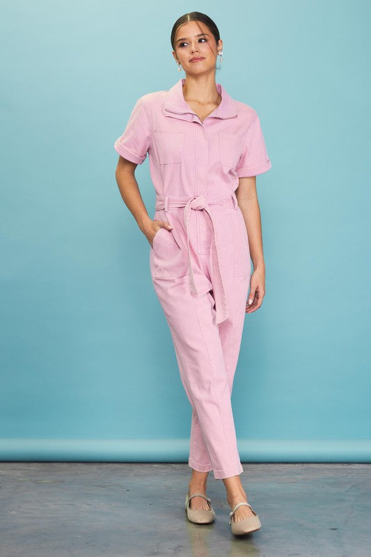 Margot Pink Zip-Up Utility Jumpsuit